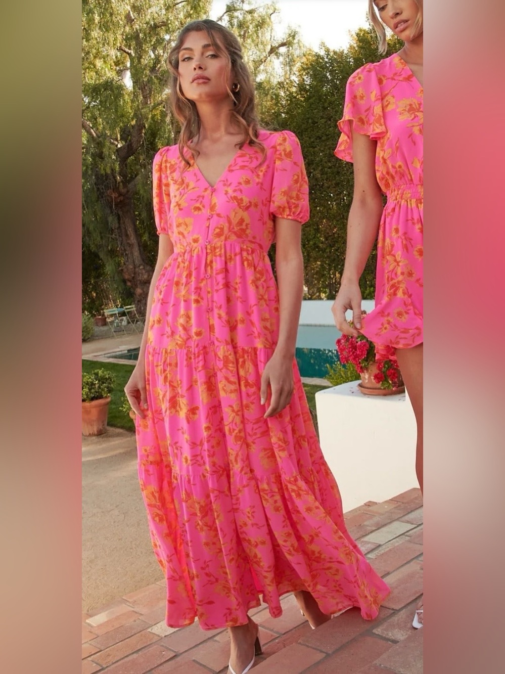 Sugarlips Hot Pink Maxi Dress with Yellow Floral Print
